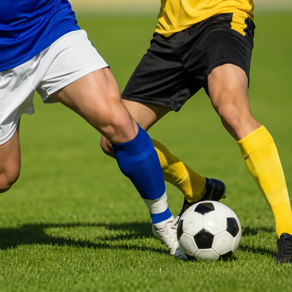 Close up shot of generic soccer players wearing unbranded jerseys competing for