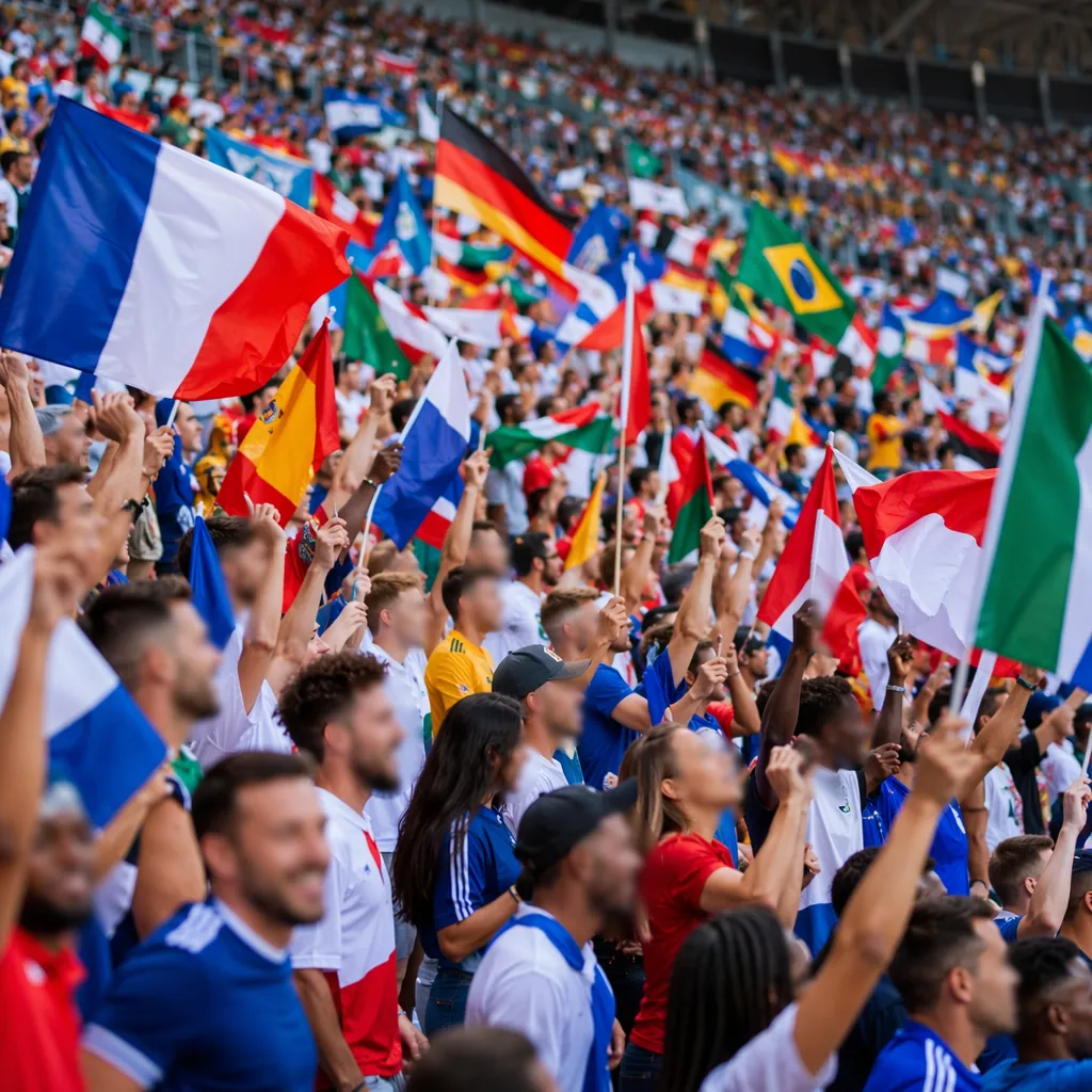 Wide shot of generic soccer fans waving national flags in stadium stands, blurre