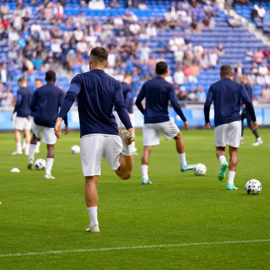 Wide shot of a football team warming up on a green pitch before a match, blurred