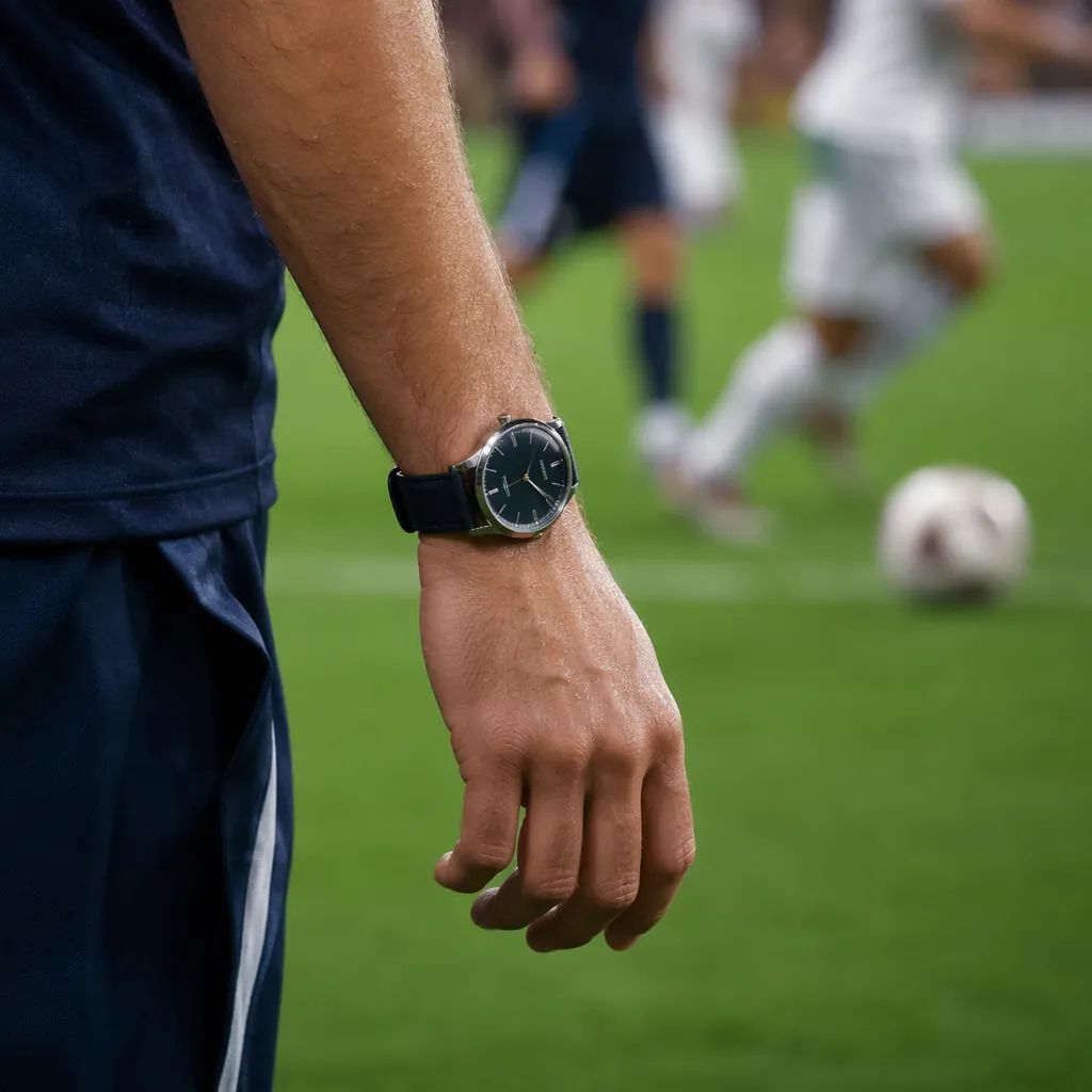 Close-up of a football player's wrist wearing a watch during a match, blurred ba