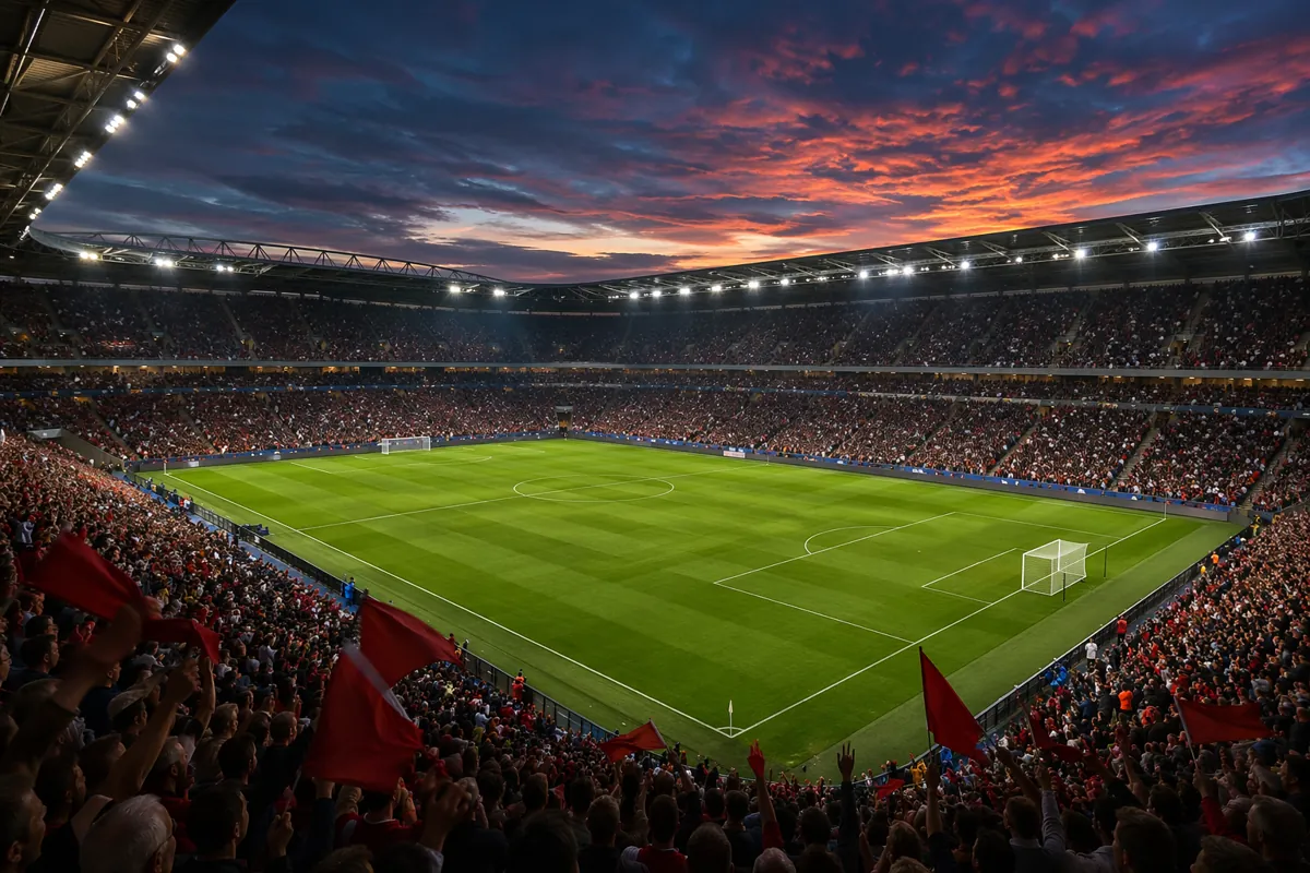 Wide shot of a professional football stadium at dusk, vibrant crowd filling the stands, lu