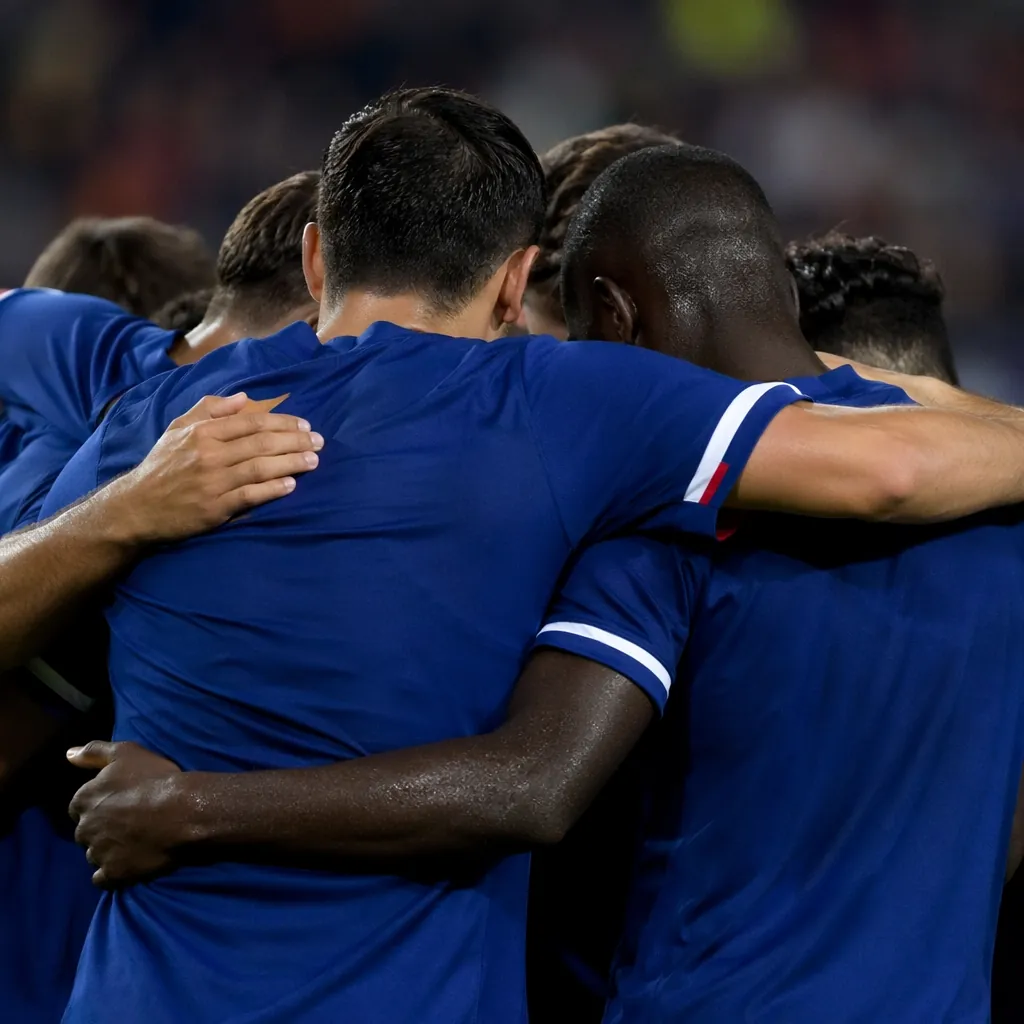 Close up of unidentifiable football players huddling on the pitch, backs to the