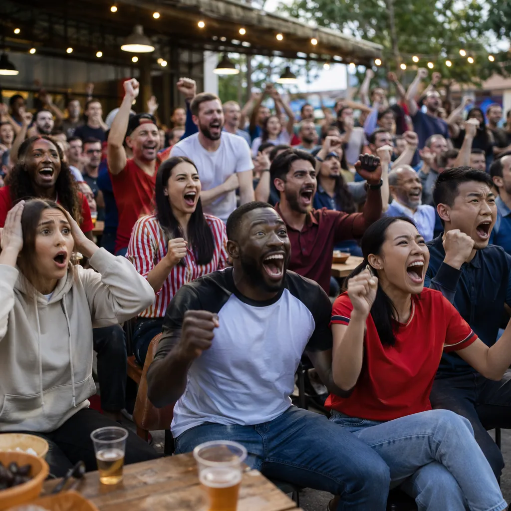 Wide shot of diverse football fans gathered in a public viewing space, cheering