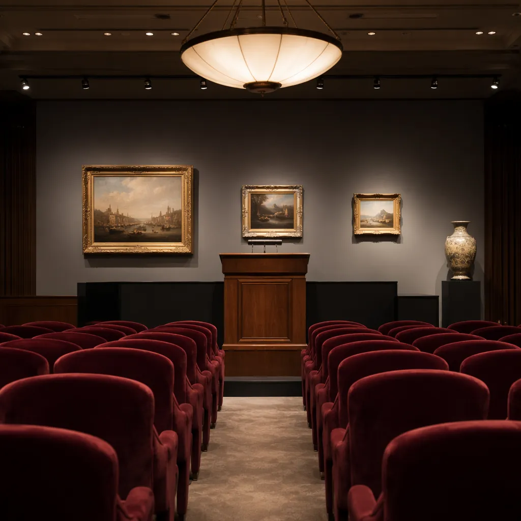 Auction room interior with soft ambient lighting, empty auction podium and rows