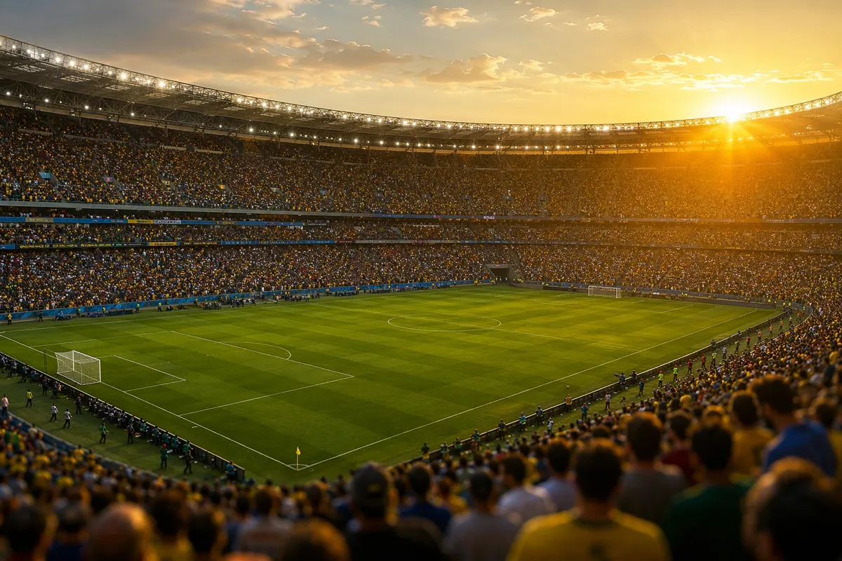 A wide shot of a professional football stadium during World Cup match, golden sunset light
