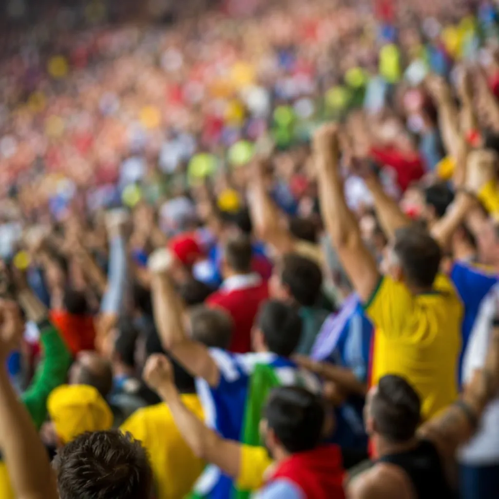 Blurred shot of football fans cheering in stadium stands, wearing colorful natio