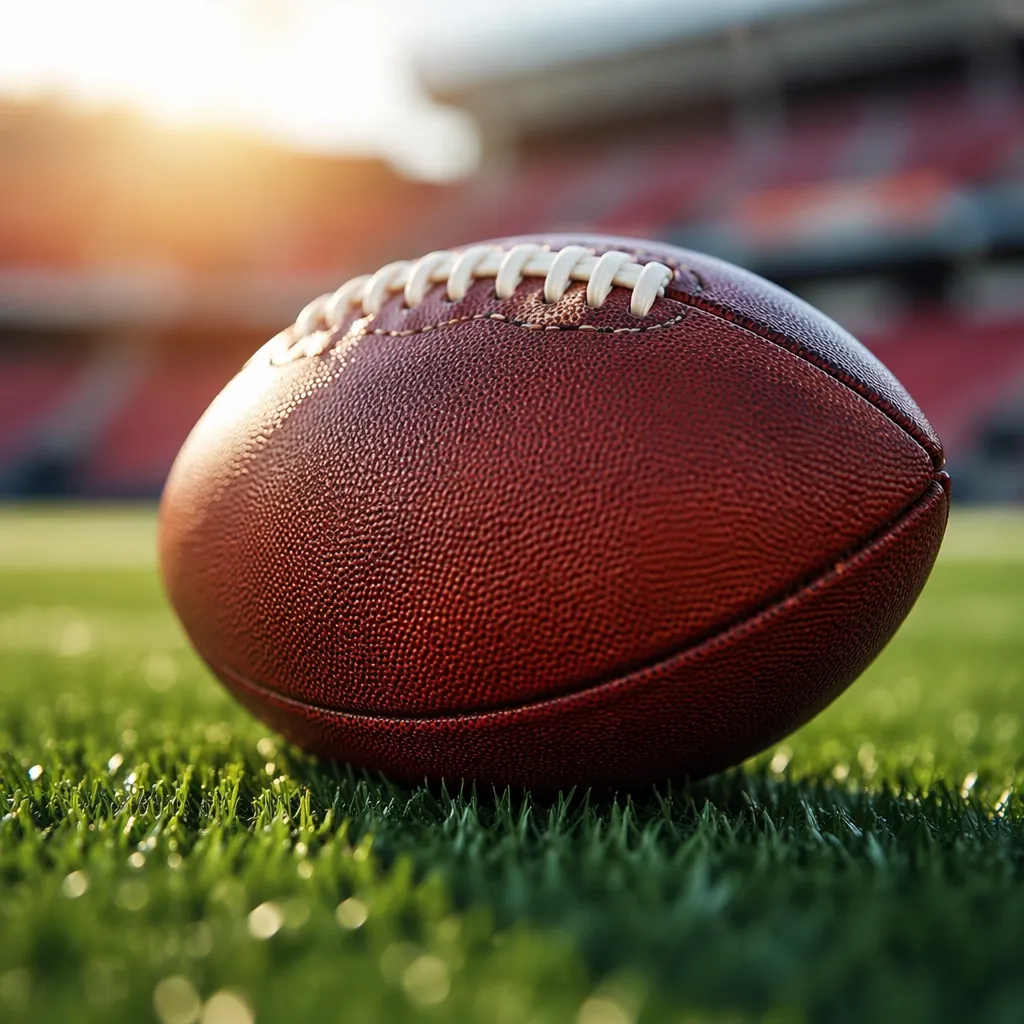 Close up shot of a standard football rolling on green grass, sunlight reflecting