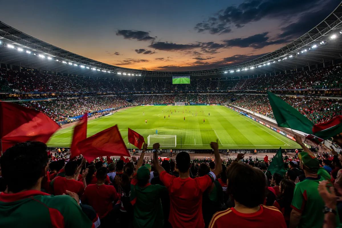 Wide shot of a professional soccer stadium at dusk, filled with cheering fans wearing red