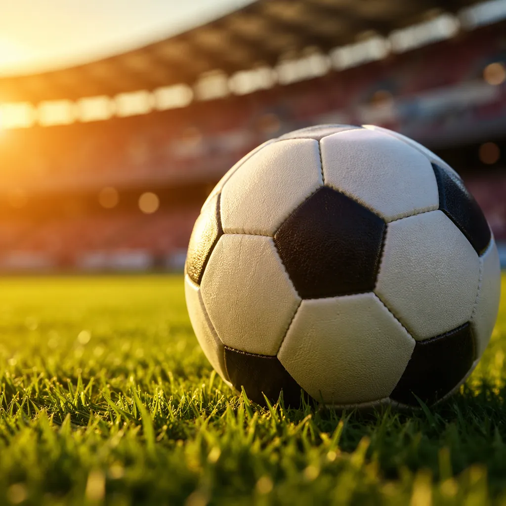 Close-up shot of a soccer ball resting on the green grass of a professional pitc
