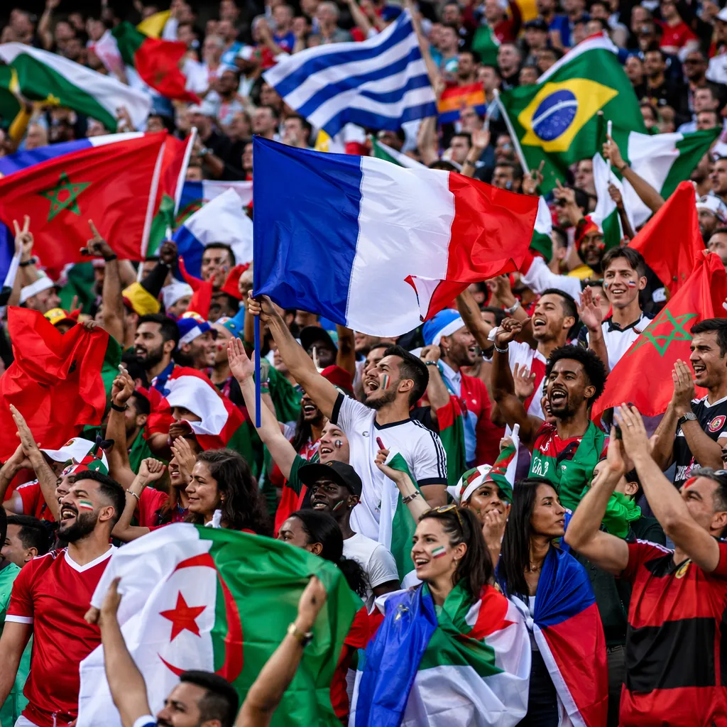 Wide shot of soccer fans waving national flags in the stands, vibrant colors, ex
