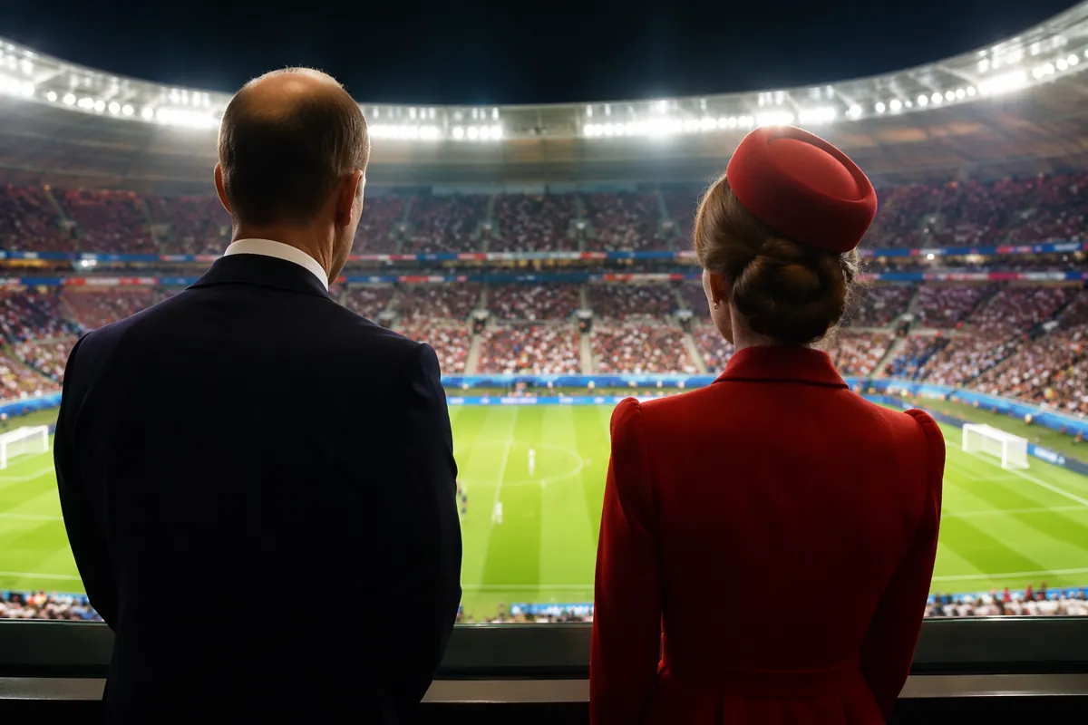Editorial news photo of two blurred royal figures in formal attire watching football match