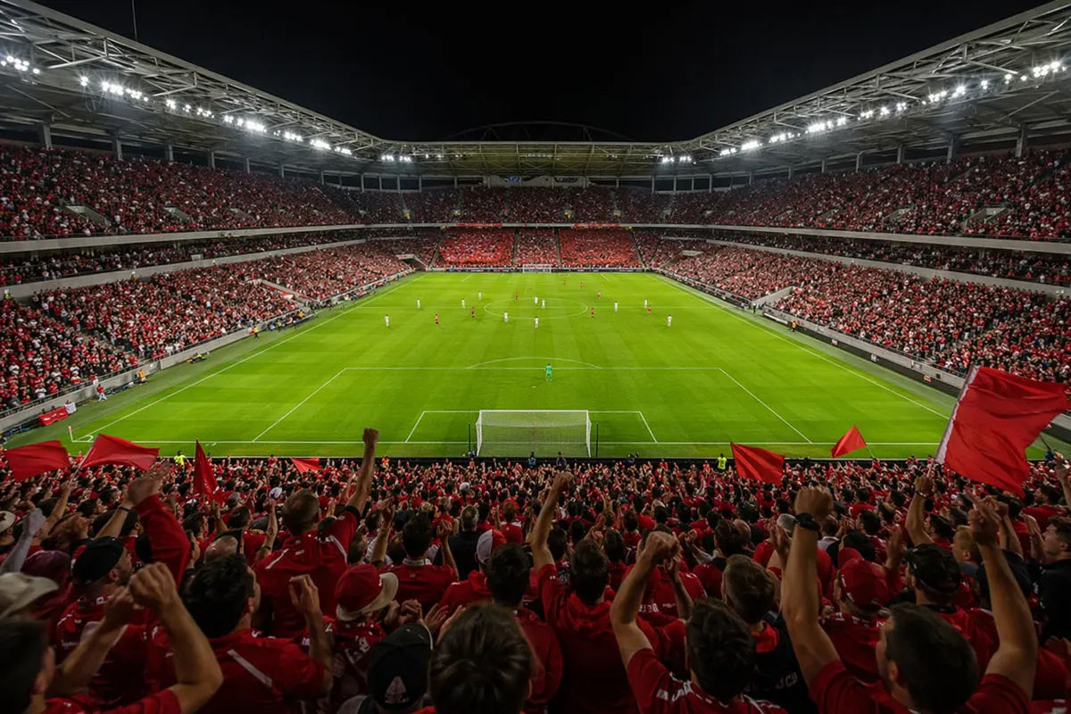 Wide shot of a packed modern North American soccer stadium during an international match,