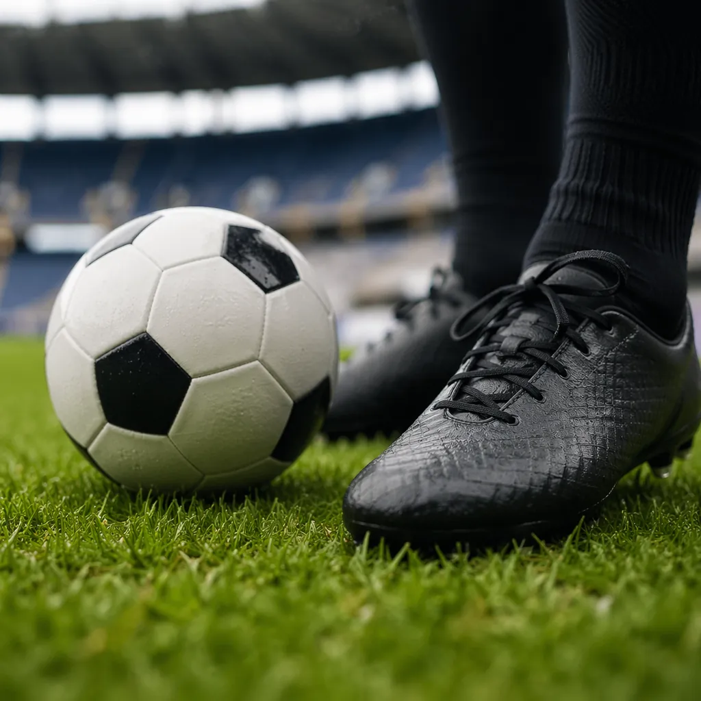 Close up of a soccer match ball and cleats on a well-maintained green grass pitc