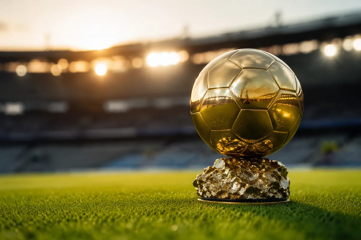 Golden Ball trophy placed on a well-maintained green football pitch, blurred stadium flood
