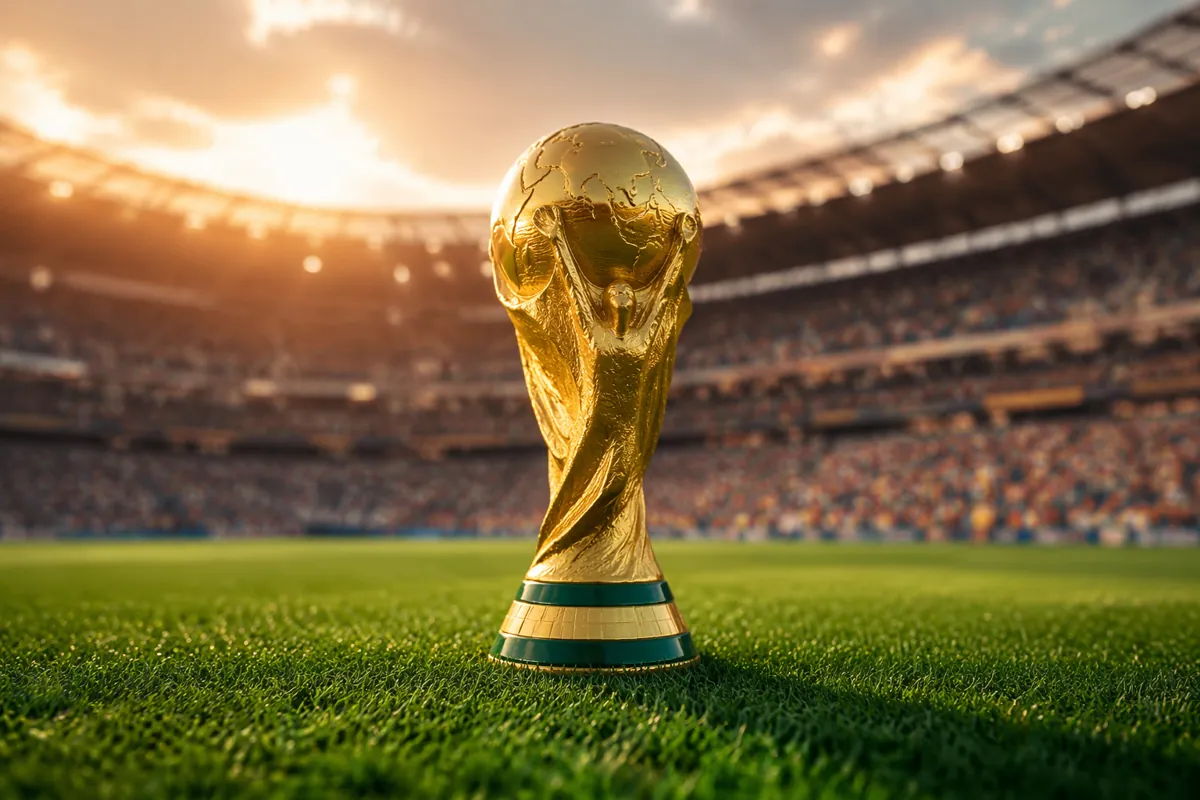 Golden football trophy placed on neatly trimmed green grass of a world cup stadium, blurre