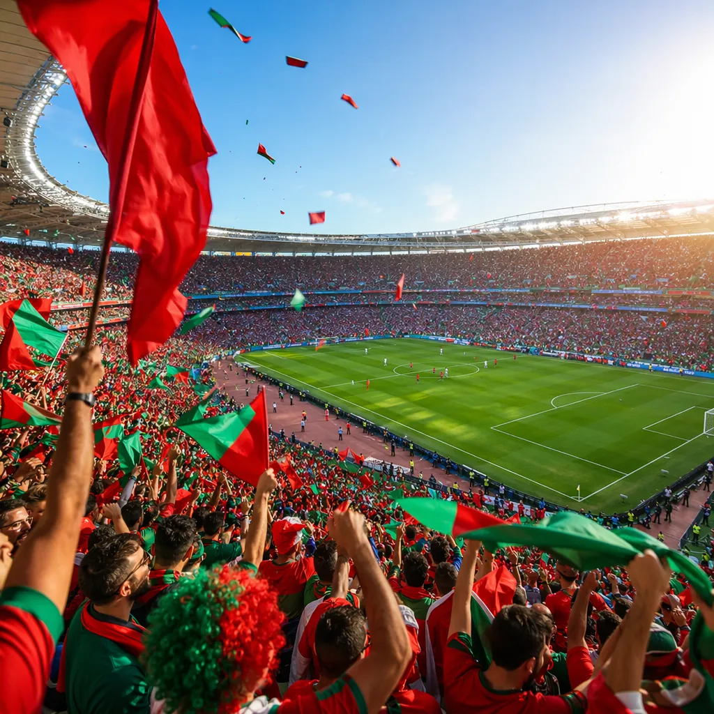 Wide shot of a packed World Cup stadium with red and green flags waving in the s