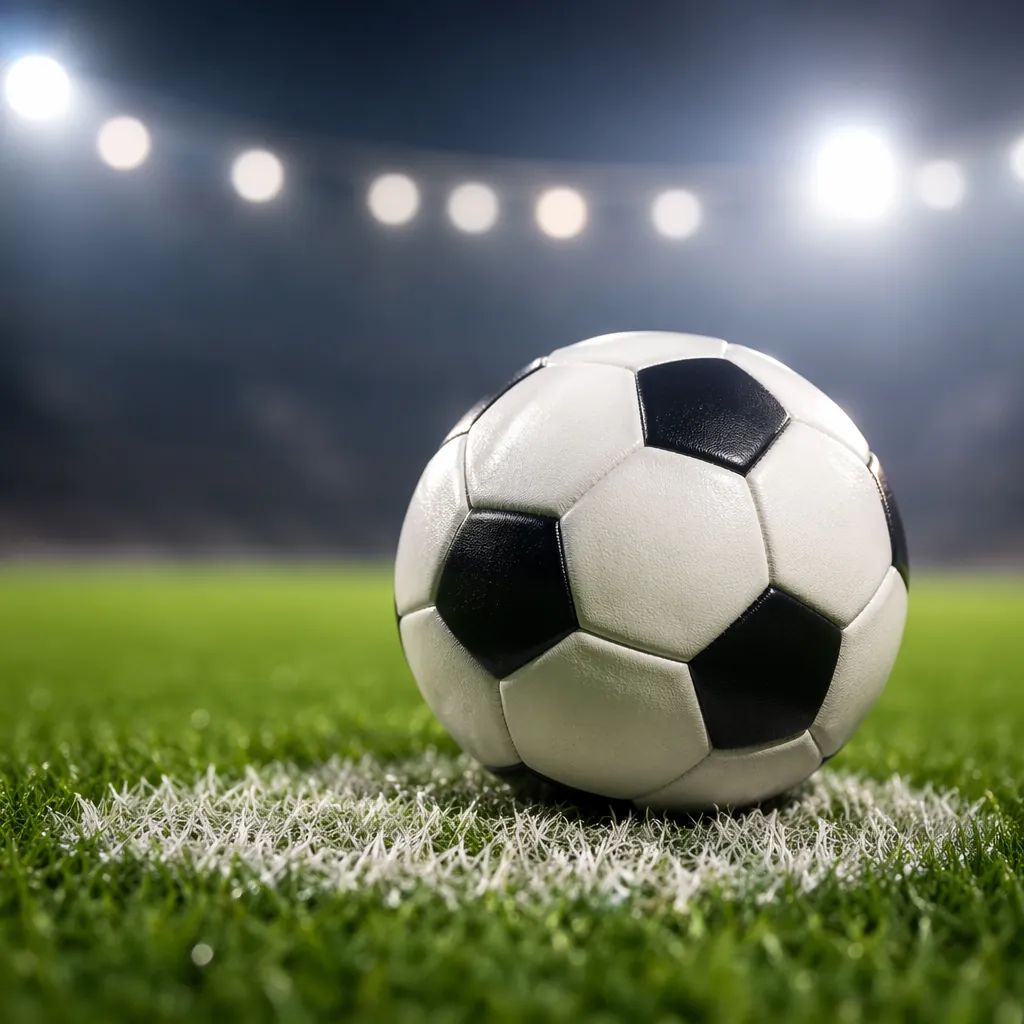 Close up shot of a soccer ball resting on the penalty spot on a well-maintained