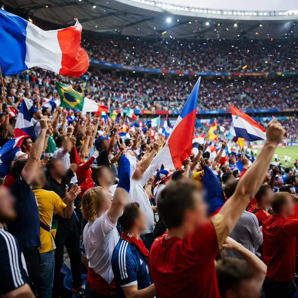 Wide shot of football fans waving flags and cheering in a stadium stand, blurred
