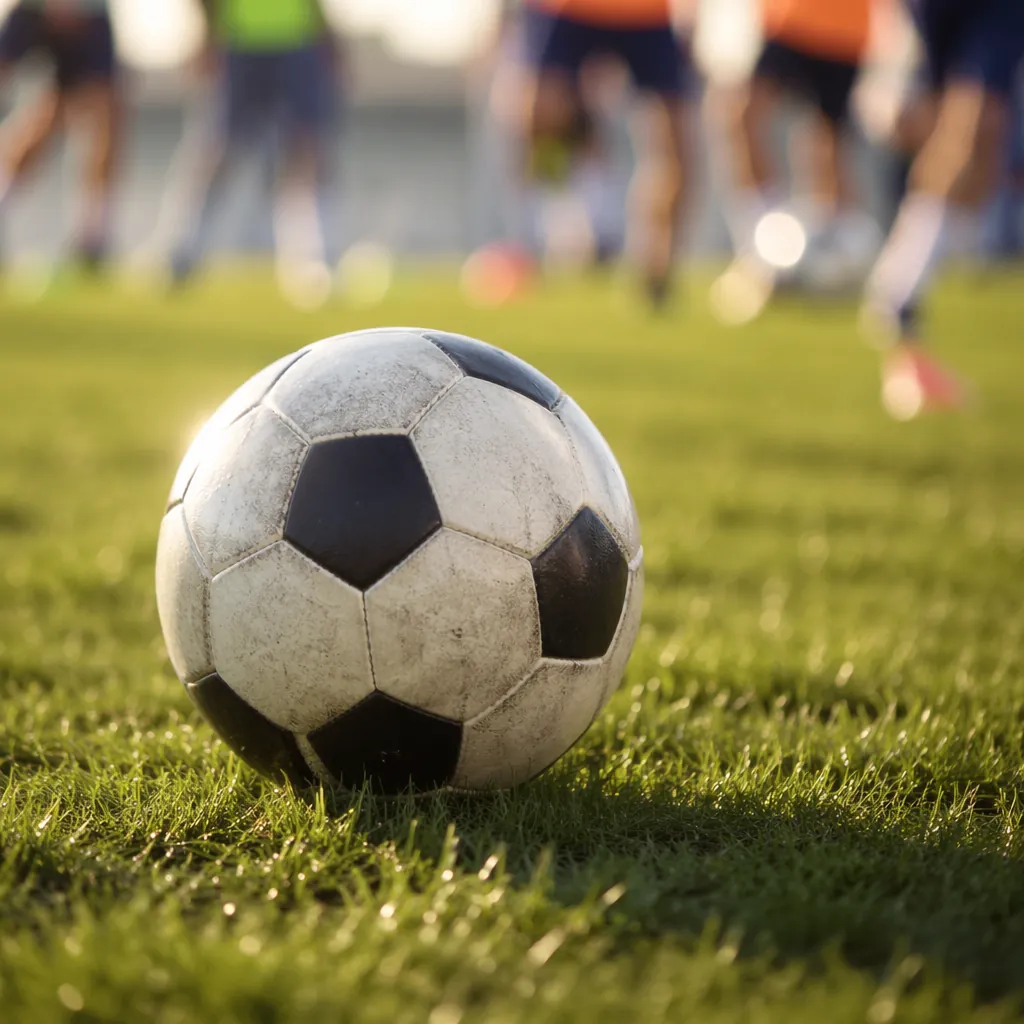 Close-up of a football on a training pitch with sunlight shining on it, blurred