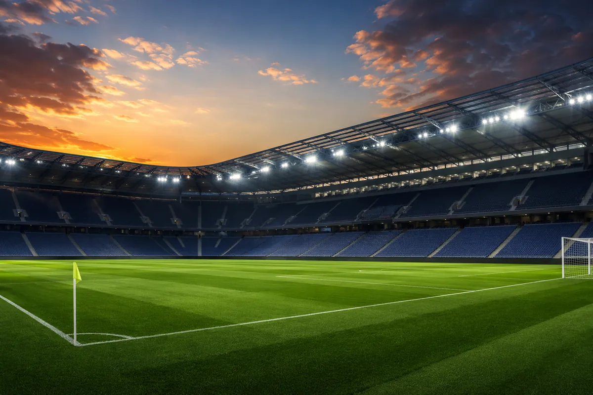 Wide shot of a modern professional soccer stadium at dusk, bright floodlights illuminating