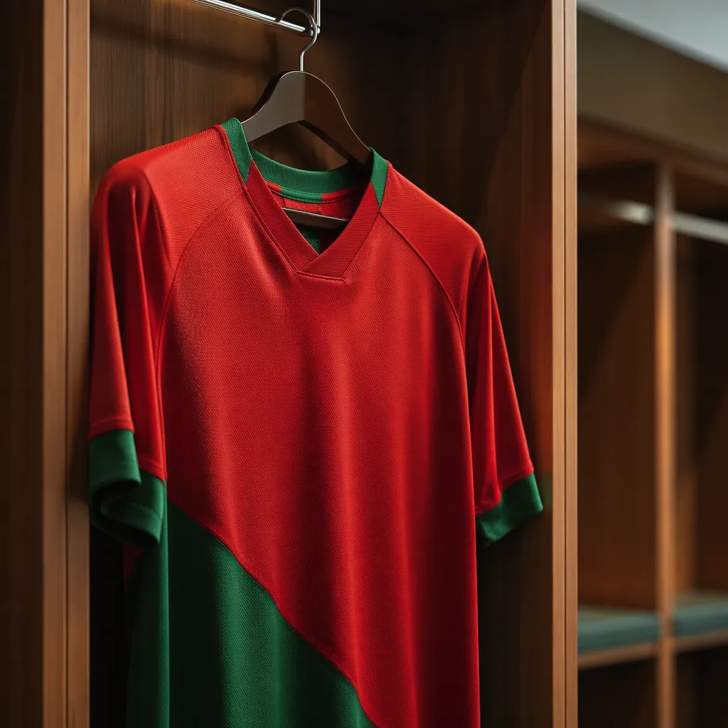 Close up shot of a generic red and green soccer jersey hanging in a clean locker