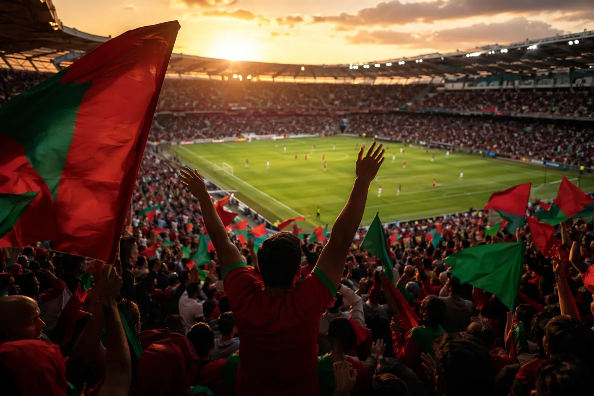 Wide shot of a packed football stadium during golden hour, with fans waving dark red and g