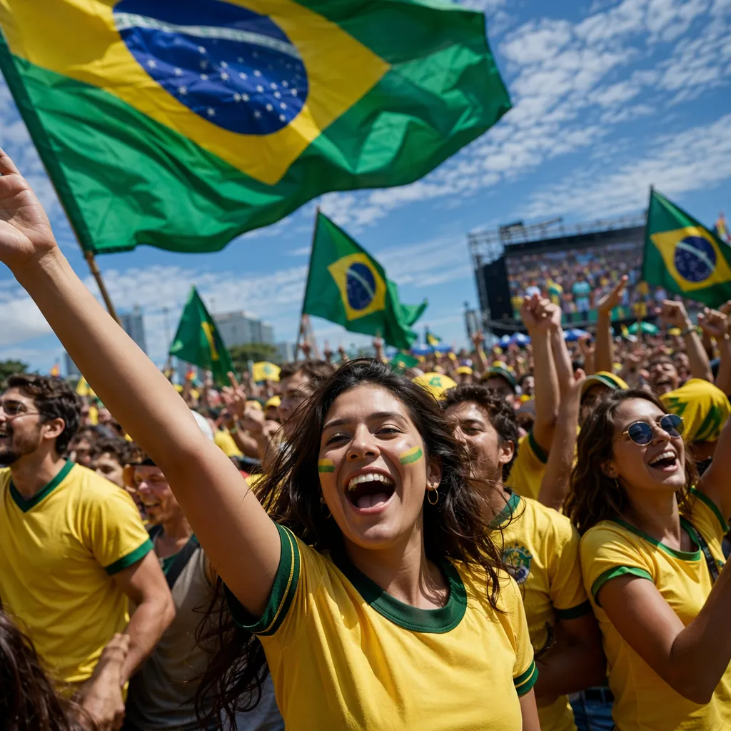 Lively outdoor World Cup fan zone with many people waving Brazilian national fla