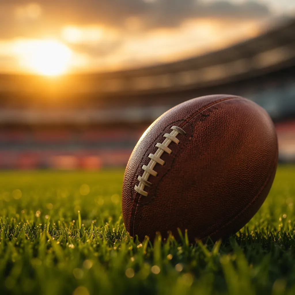 Close up shot of a football rolling on green grass pitch, blurred background of