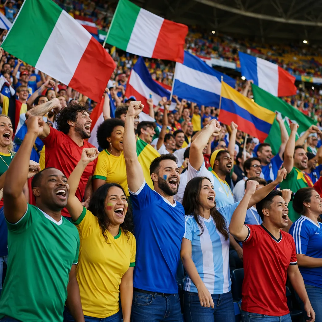 Wide shot of diverse football fans cheering in stadium stands, wearing generic c