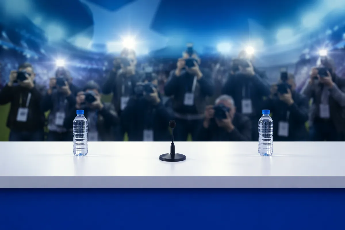 Professional football press conference scene, empty podium with blue and white color backd