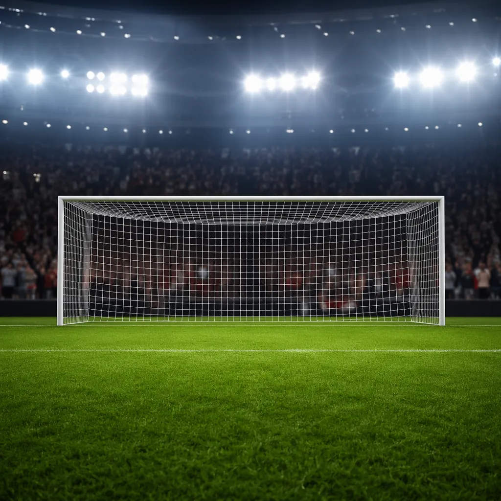 Wide shot of professional football goal net under bright stadium floodlights, ne