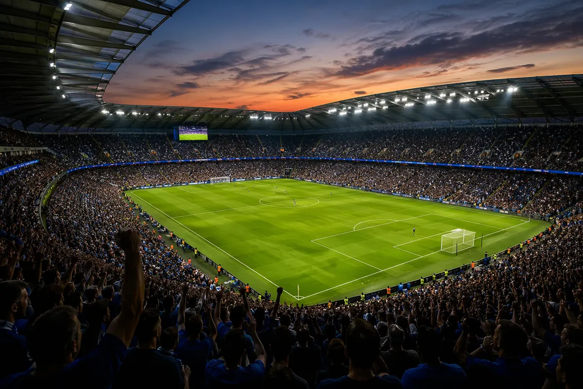 Wide shot of a professional football stadium at dusk, packed with cheering fans, bright st