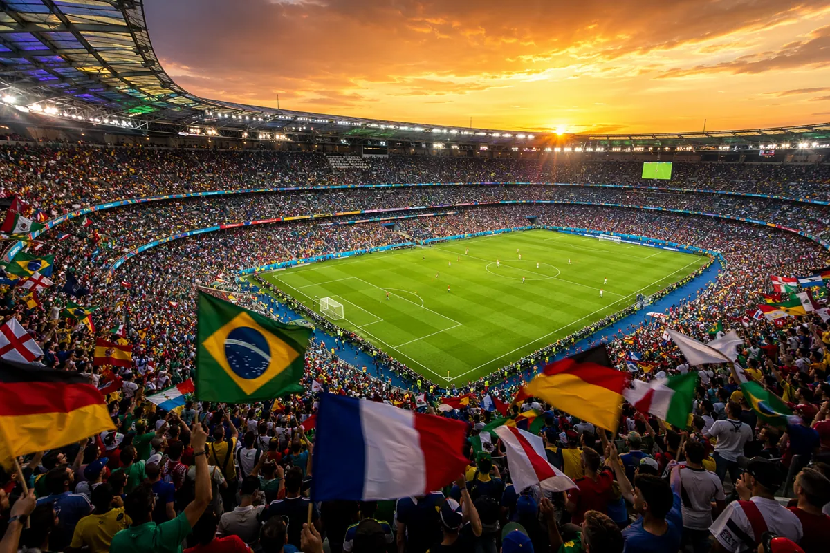 Wide shot of a packed modern football stadium during sunset, fans waving colorful national
