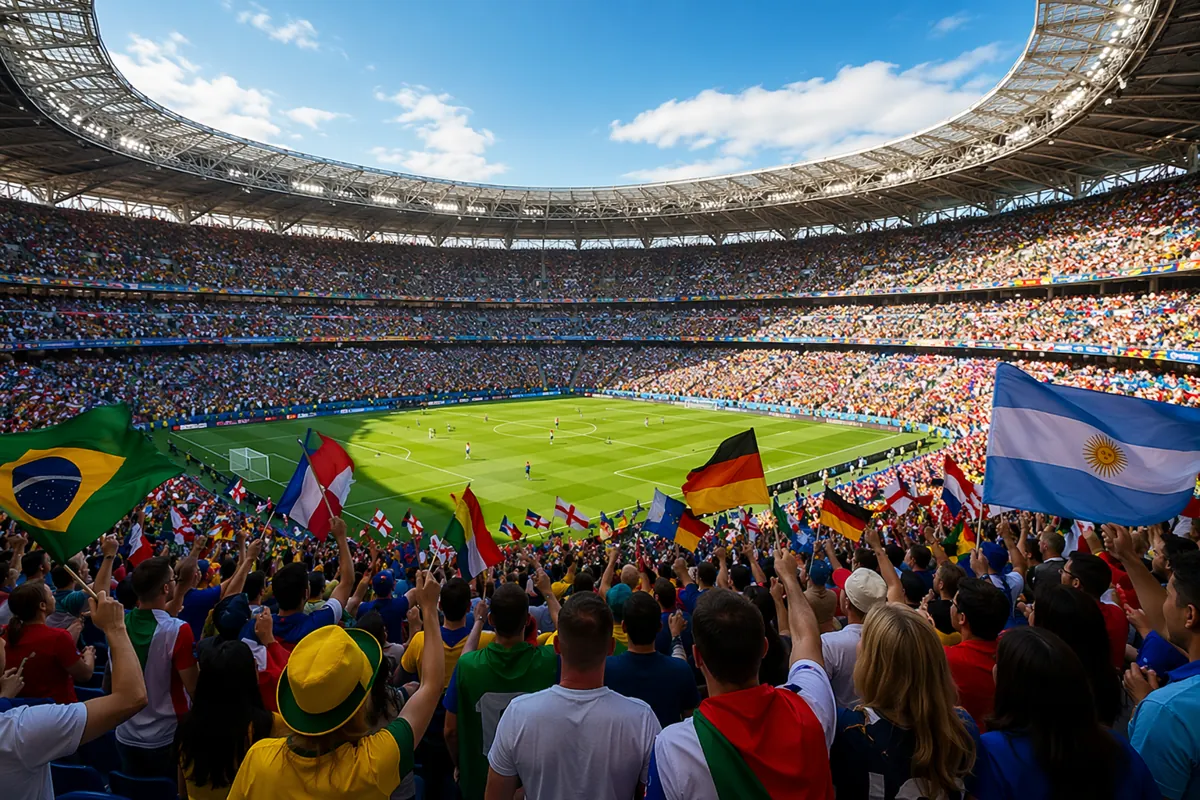Wide shot of a packed football stadium during a World Cup match, fans waving various natio