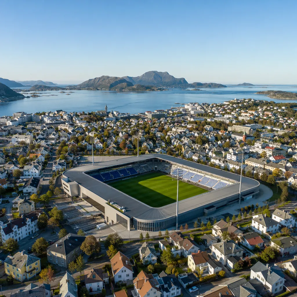 Aerial shot of a small coastal European town with a modern football stadium at t