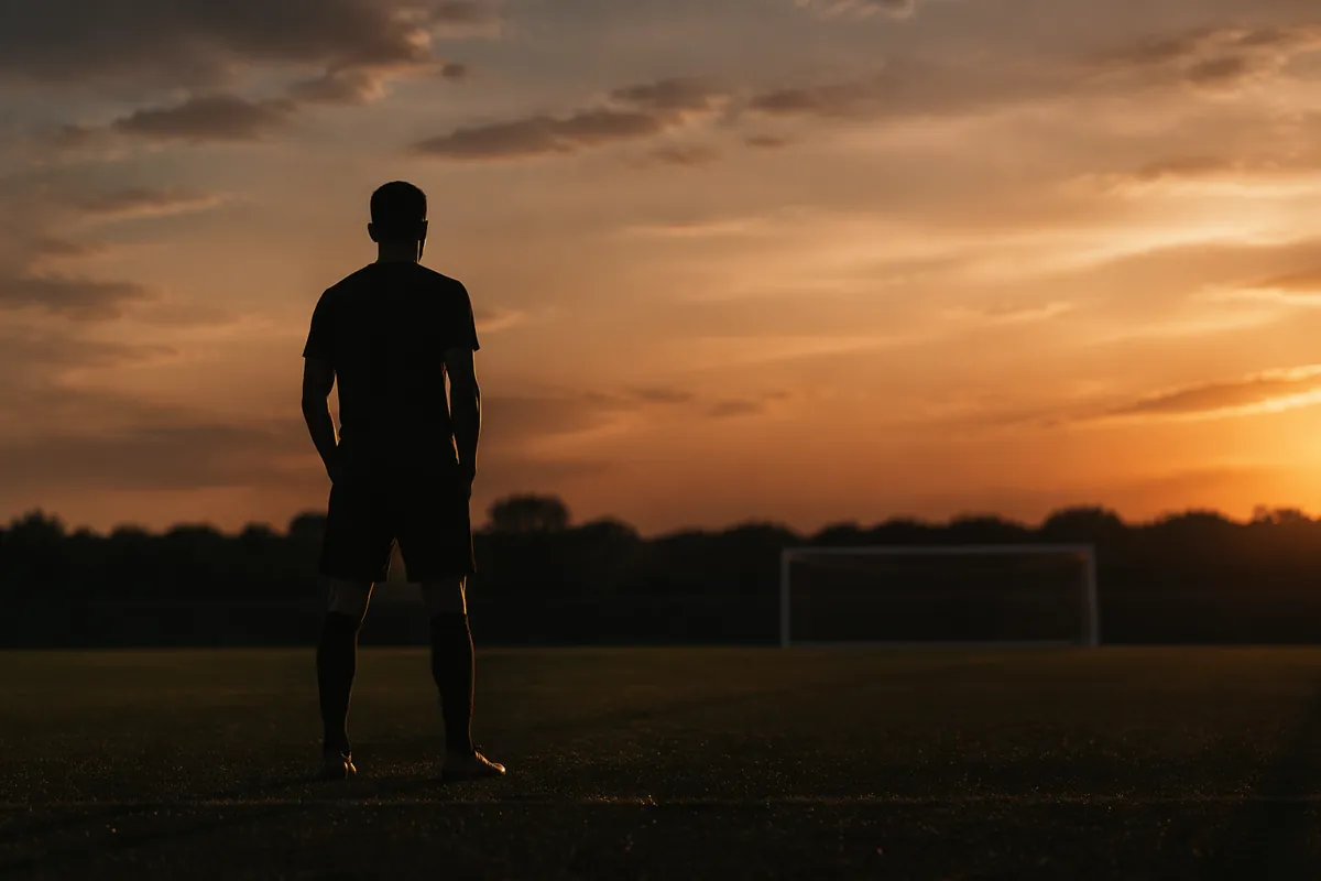 Silhouette of a male football player standing alone on an empty football pitch at dusk, so