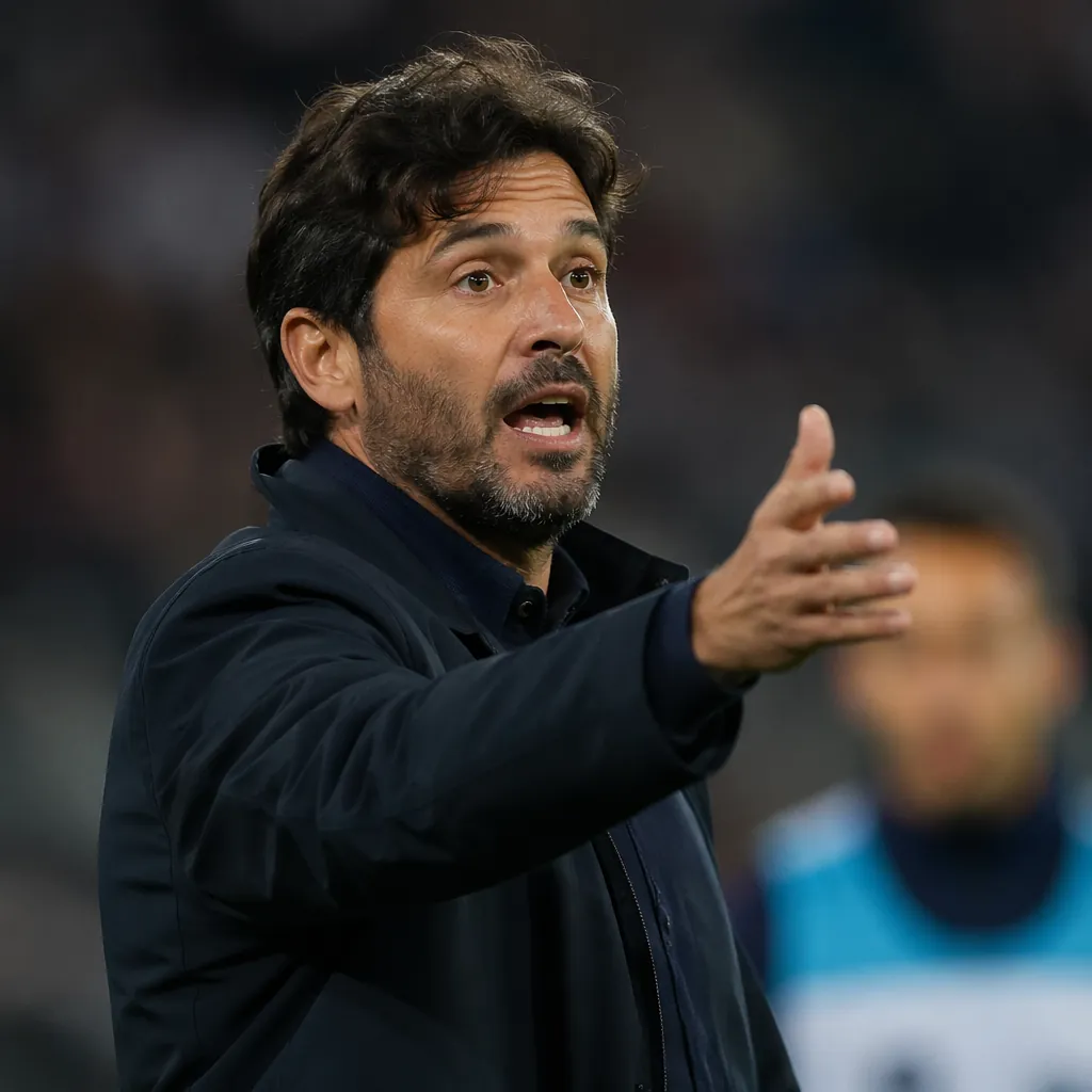 Close-up shot of a football coach gesturing on the sidelines during a match, blu