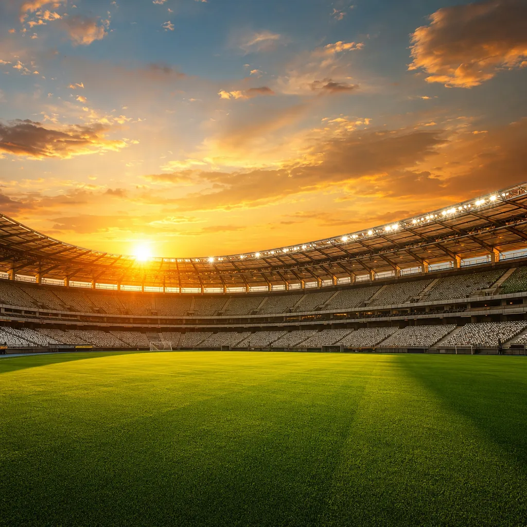 Wide shot of a modern world cup soccer stadium at sunset, vibrant green grass on