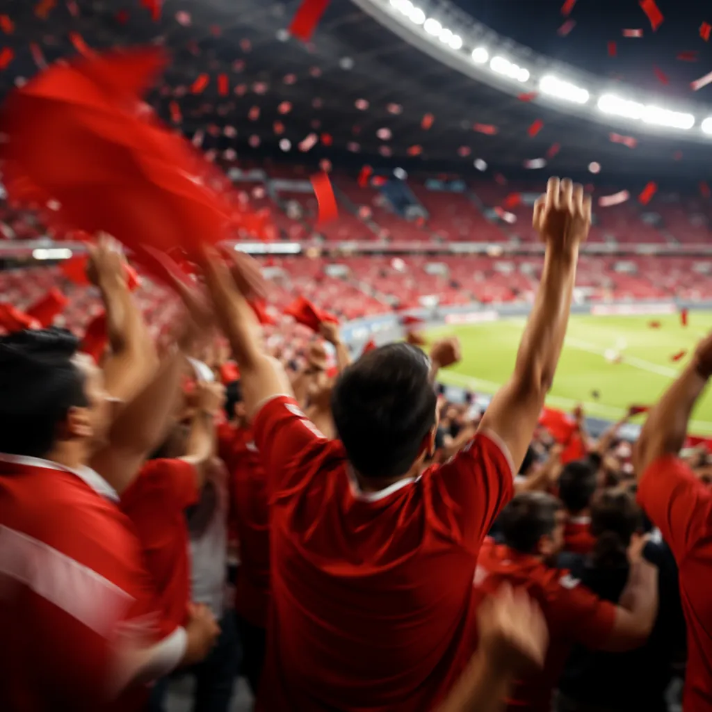 Blurred dynamic shot of soccer fans wearing red jerseys cheering in a stadium st