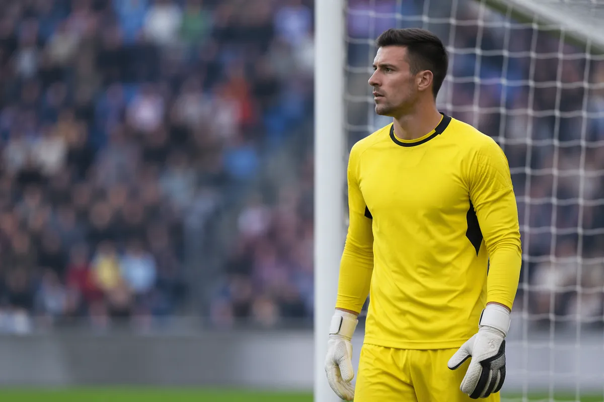 Professional sports news header image, wide shot of a generic football goalkeeper in a yel