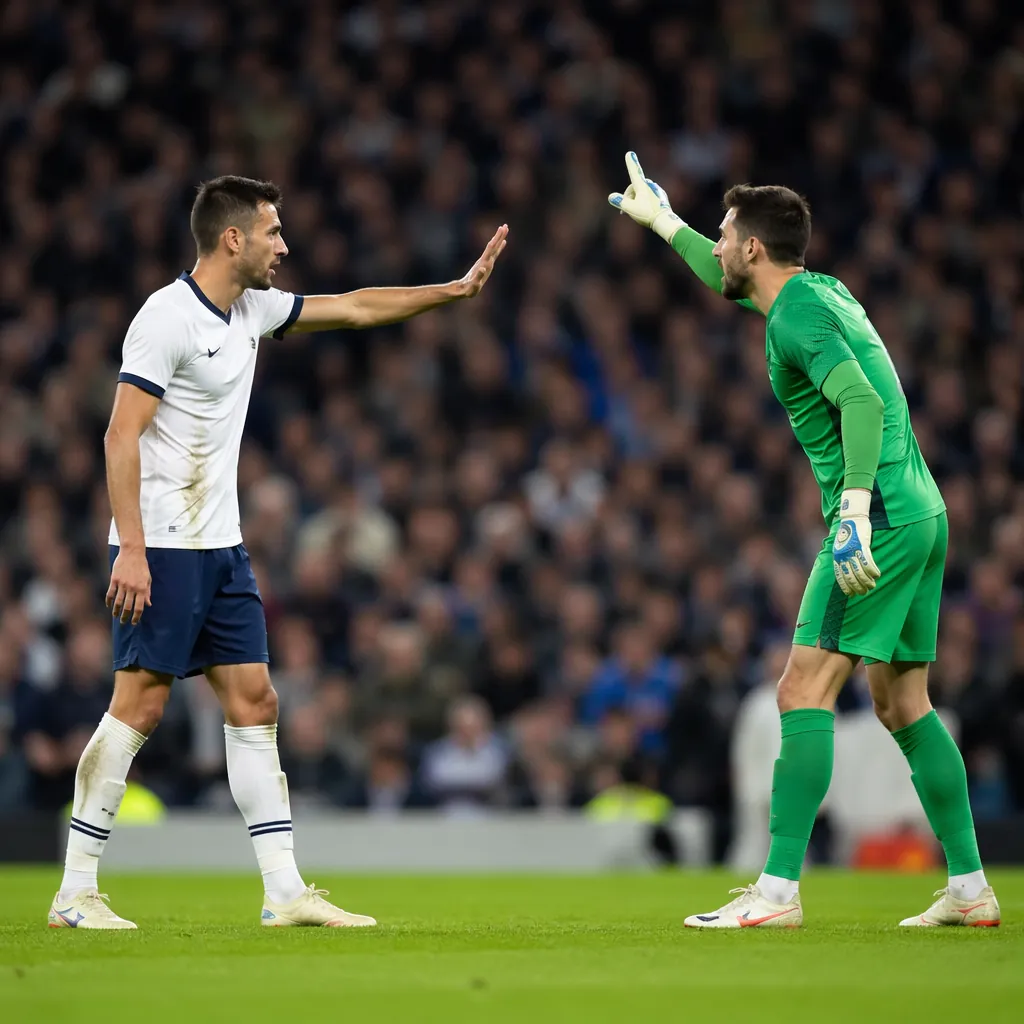 Wide shot of a generic football defender and goalkeeper communicating with hand