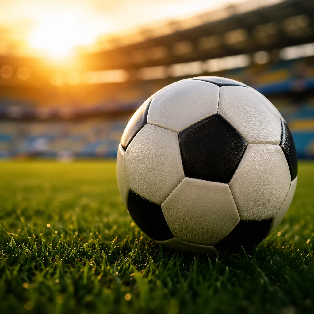 Close up shot of a football on the green grass of a professional pitch, blurred