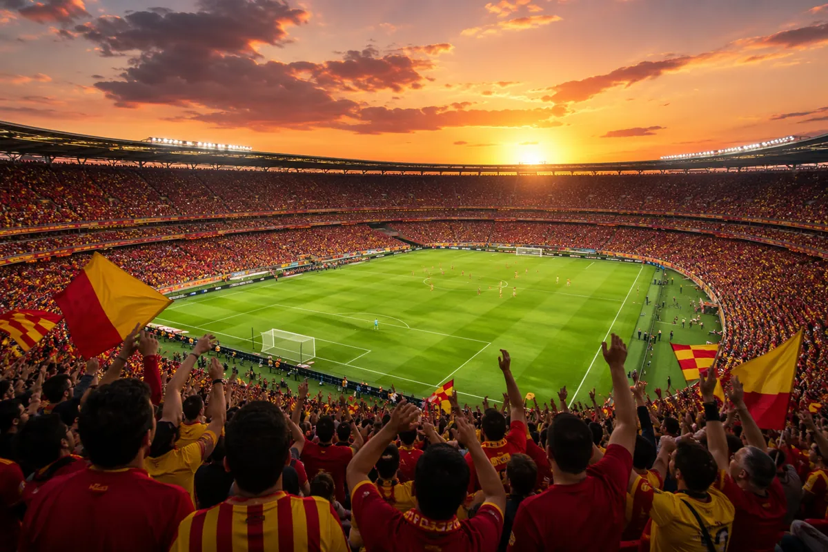 Wide shot of a vibrant football stadium at sunset, with cheering fans in red and yellow je