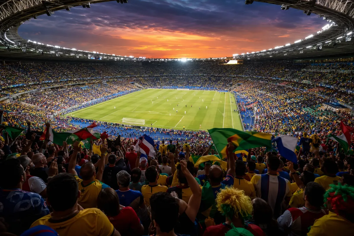 Panoramic view of a packed World Cup football stadium at dusk, with colorful fans cheering