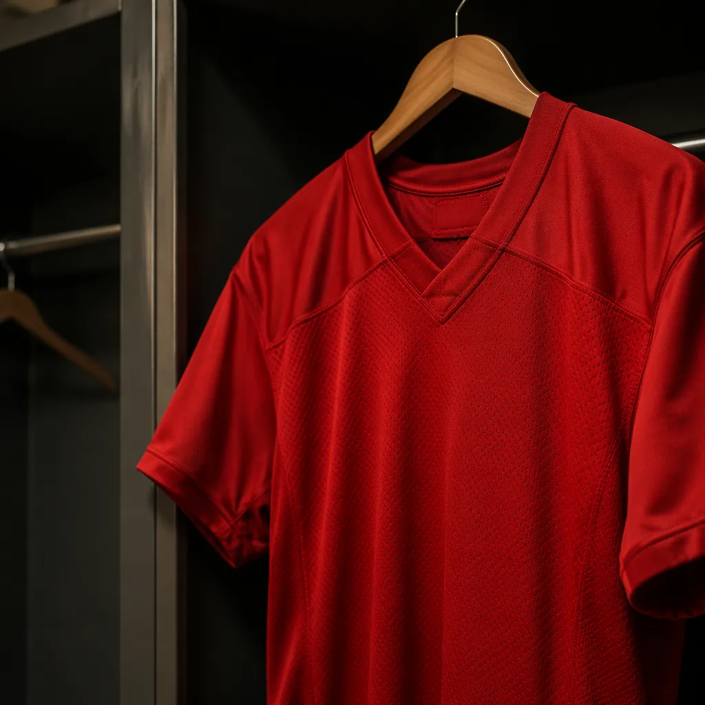 Close up shot of a plain football jersey hanging in a locker room, soft ambient