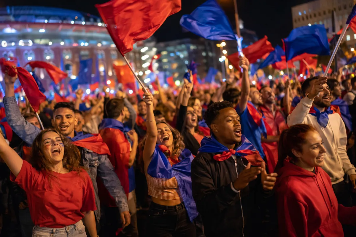Wide shot of joyful diverse football fans waving generic red and blue flags in a busy city