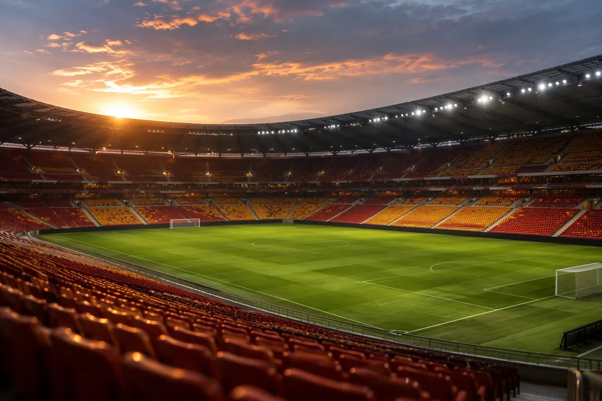 Wide shot of a professional football stadium at dusk, golden light shining on the green pi