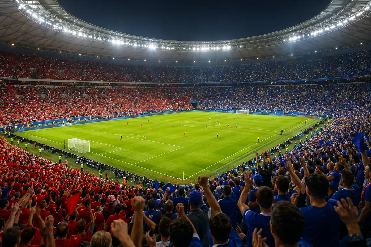 Wide shot of a professional soccer stadium during a World Cup match, bright stadium lights