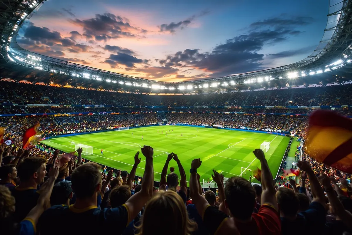 Professional sports news header image, wide shot of a modern football stadium at dusk, bri