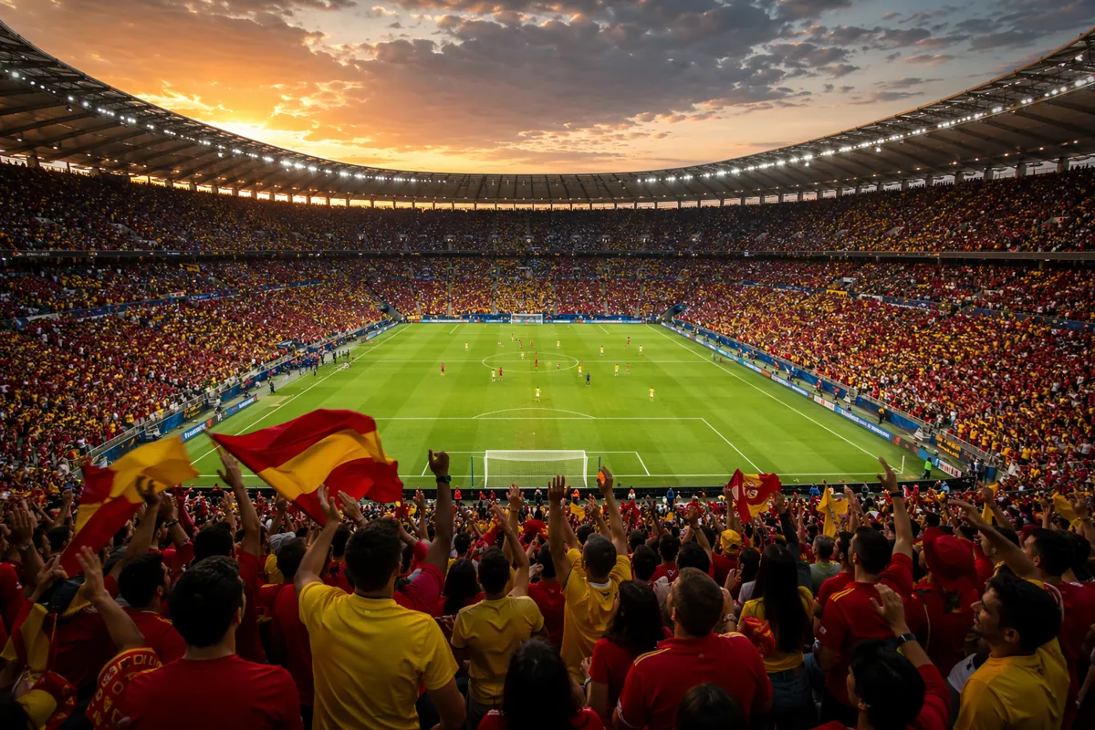 Wide shot of a professional soccer stadium at dusk, vibrant crowd in red and yellow jersey